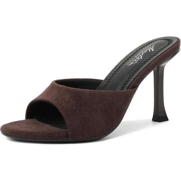 Shoes - Women's Dark Brown Suede Round Toe Heels With Bow Vintage Mules Sexy Slip on